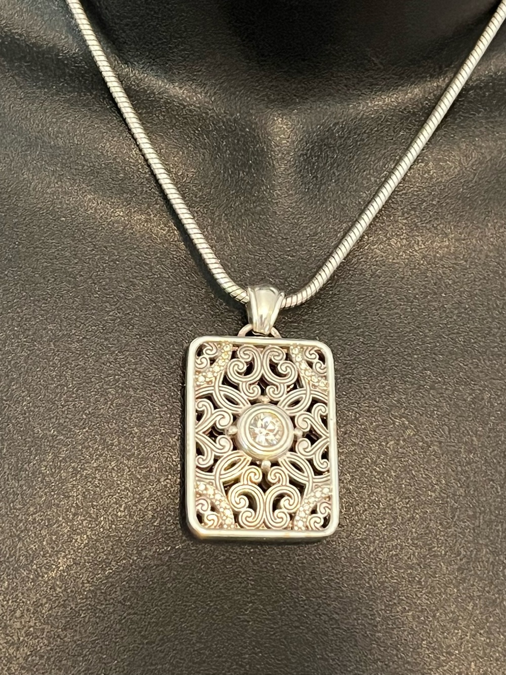 Brighton Silver Filigree Rectangular Pendant Necklace with Clear Stone